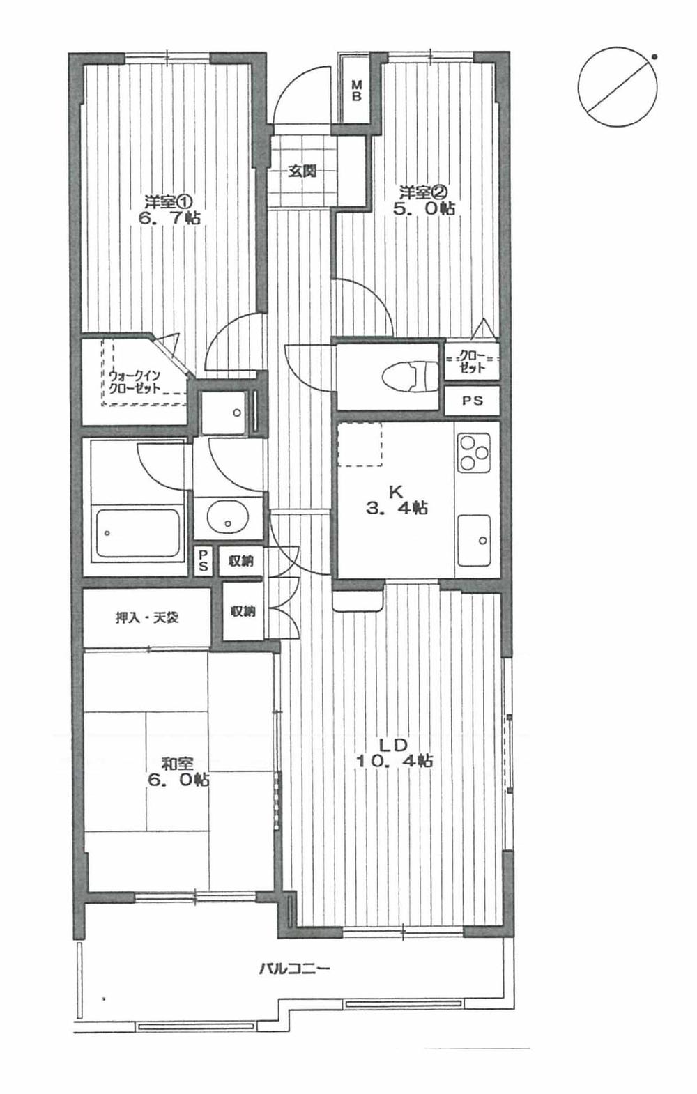 Floor plan. 3LDK, Price 33,990,000 yen, Occupied area 70.52 sq m , Balcony area 8.24 sq m
