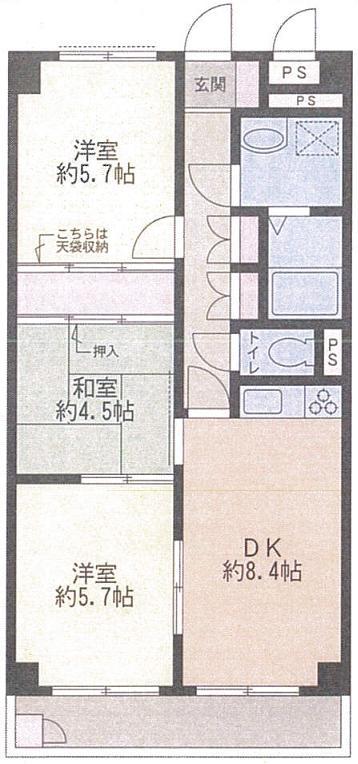 Floor plan. 3DK, Price 17 million yen, Footprint 57.2 sq m , Balcony area 5.23 sq m