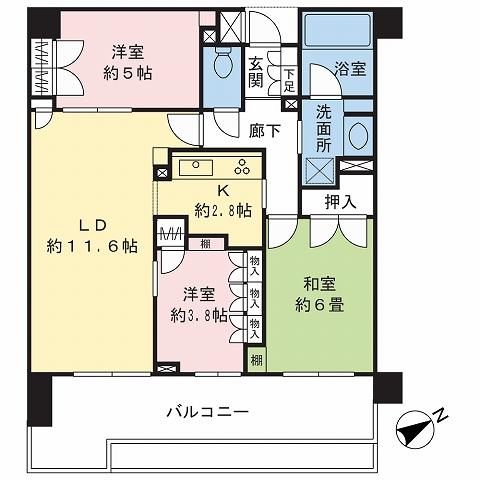 Floor plan. 3LDK, Price 34,900,000 yen, Occupied area 66.58 sq m , Balcony area 13.33 sq m floor plan