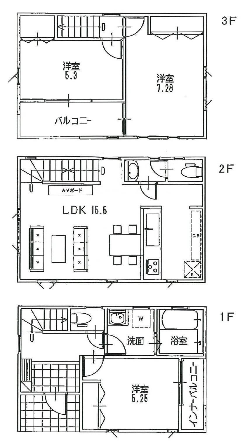 Floor plan. (A Building), Price 37,800,000 yen, 3LDK, Land area 63.82 sq m , Building area 86.05 sq m