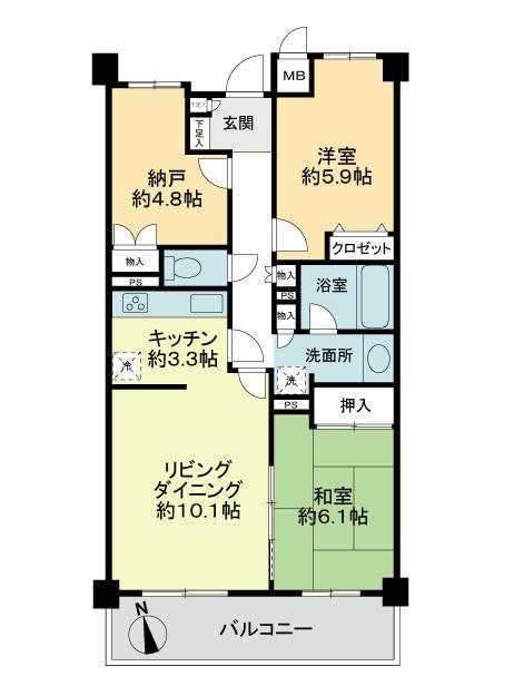 Floor plan. 3LDK, Price 34,800,000 yen, Occupied area 71.79 sq m , Balcony area 9.47 sq m