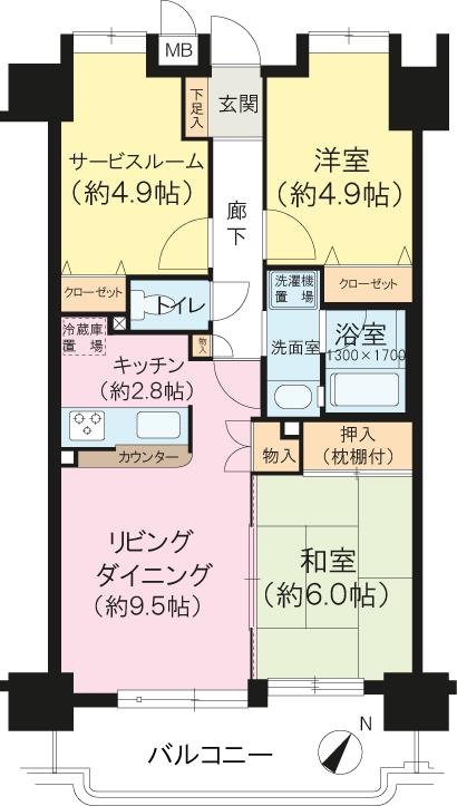 Floor plan. 3LDK, Price 35,800,000 yen, Occupied area 62.47 sq m , Balcony area 8.47 sq m
