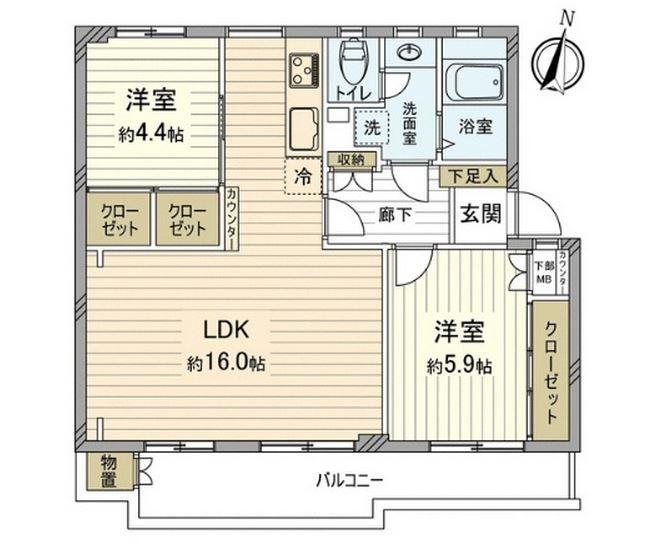 Floor plan. 2LDK, Price 17.5 million yen, Occupied area 65.92 sq m , Balcony area 9.9 sq m