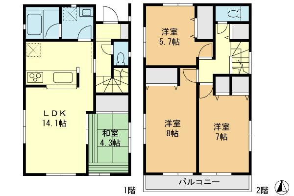 Floor plan. (3 Building), Price 37,800,000 yen, 4LDK, Land area 102.72 sq m , Building area 90.72 sq m