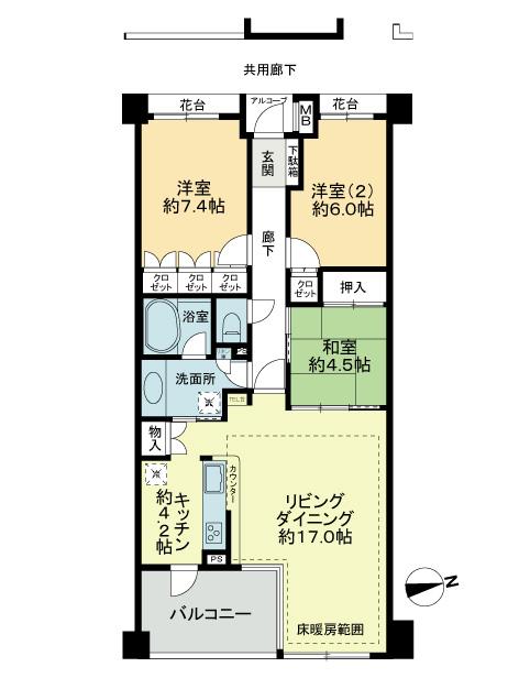 Floor plan. 3LDK, Price 42,800,000 yen, Occupied area 85.01 sq m , Balcony area 8.88 sq m