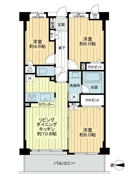 Floor plan. 3LDK, Price 34,900,000 yen, Occupied area 60.09 sq m , Balcony area 9.33 sq m 3LDK type