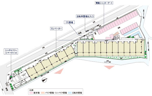 Features of the building.  [Land plan in pursuit of comfort and relaxed of] Site placement ・ 1-floor plan conceptual diagram