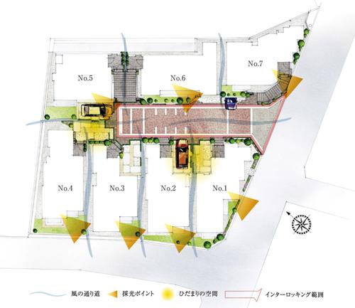 The entire compartment Figure. Hill of openness and daylighting ・ Terraced design in consideration of the draft. It established a development road in the center of the city, Ensure the next building interval there room. The road that can not be passed through produce a sense of peace of mind in terms of Town security (site layout)