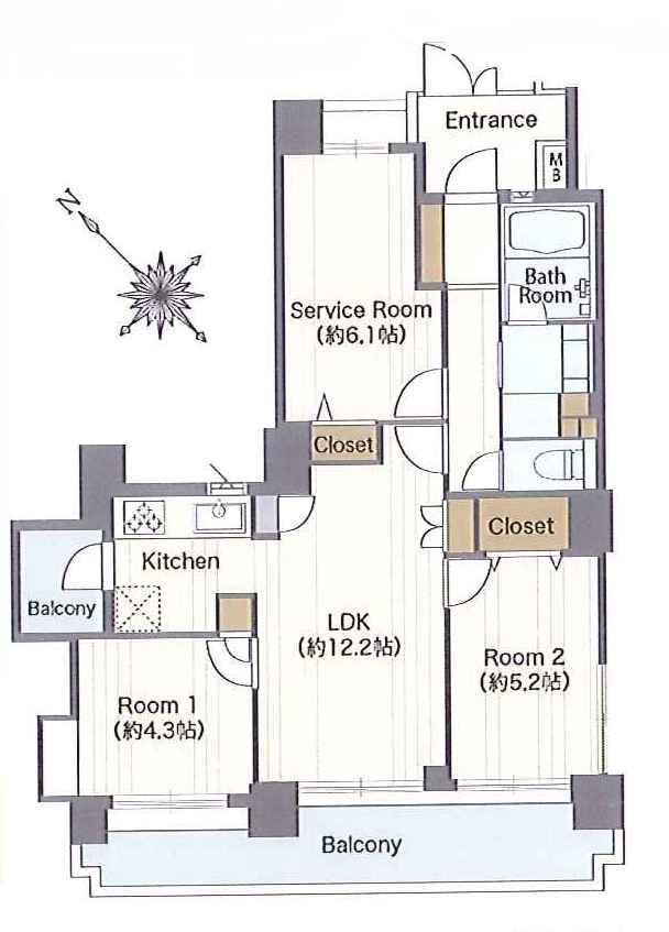 Floor plan. 2LDK + S (storeroom), Price 33,900,000 yen, Occupied area 61.01 sq m , Balcony area 15.03 sq m floor plan