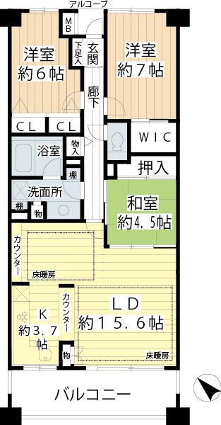 Floor plan. 3LDK, Price 36,800,000 yen, Footprint 84.7 sq m , Balcony area 12.16 sq m 84.70 sq m room there breadth of 3LDK + WIC plan of