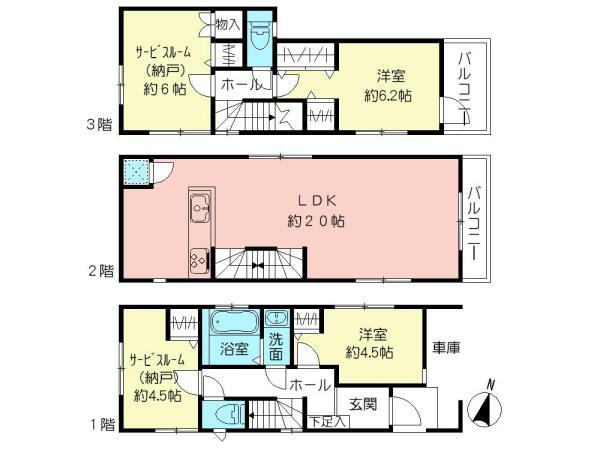 Floor plan. (B Building), Price 36,800,000 yen, 2LDK+2S, Land area 73.04 sq m , Building area 105.15 sq m