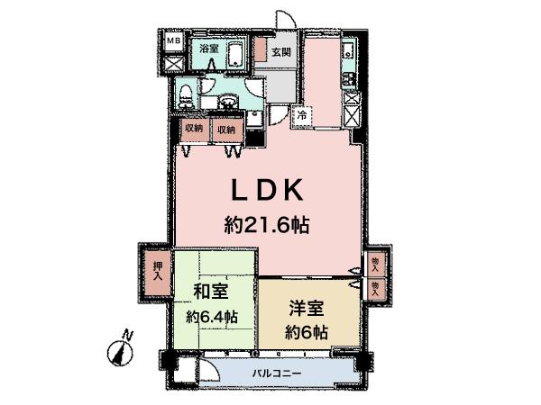 Floor plan. 2LDK, Price 16,450,000 yen, Occupied area 72.62 sq m , Balcony area 5.1 living flooring sq m muted colors.