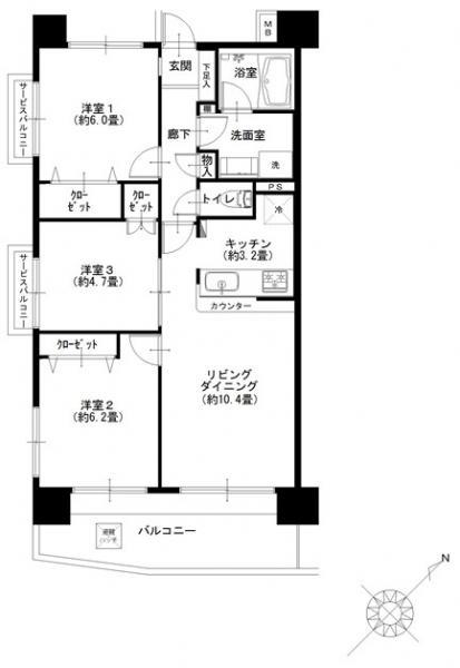 Floor plan. 3LDK, Price 33,900,000 yen, Occupied area 67.41 sq m , Balcony area 11.11 sq m