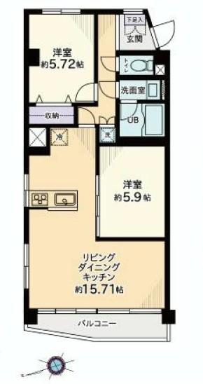Floor plan. 2LDK, Price 21,800,000 yen, Occupied area 62.19 sq m , Balcony area 7.55 sq m