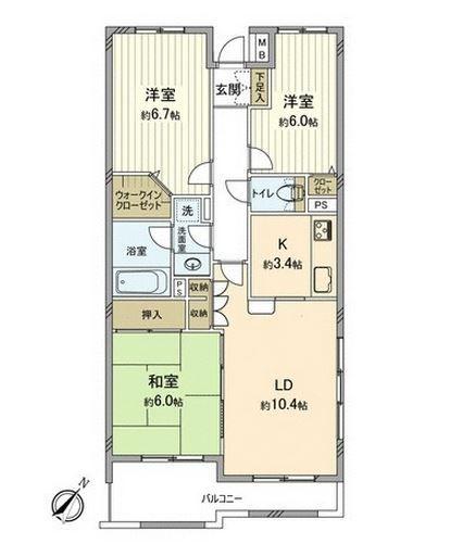 Floor plan. 3LDK, Price 34,900,000 yen, Occupied area 70.52 sq m , Balcony area 8.24 sq m