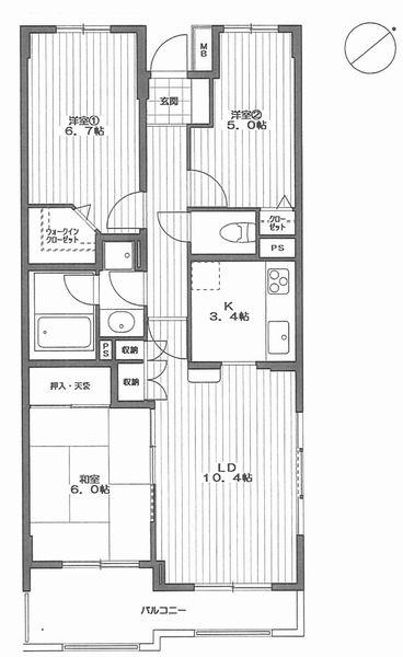 Floor plan. 3LDK, Price 33,990,000 yen, Occupied area 70.52 sq m , Balcony area 8.24 sq m