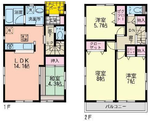 Floor plan. (2-3 Building), Price 37,800,000 yen, 4LDK, Land area 102.72 sq m , Building area 90.72 sq m