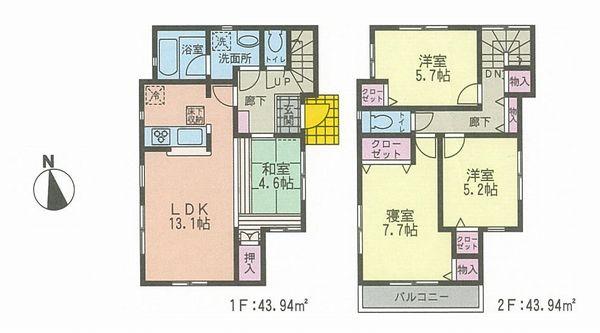 Floor plan. (Building 2), Price 42,800,000 yen, 4LDK, Land area 107.91 sq m , Building area 87.88 sq m