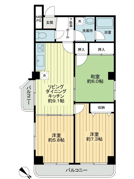 Floor plan. 3DK, Price 12.8 million yen, Occupied area 57.64 sq m , Balcony area 5.63 sq m