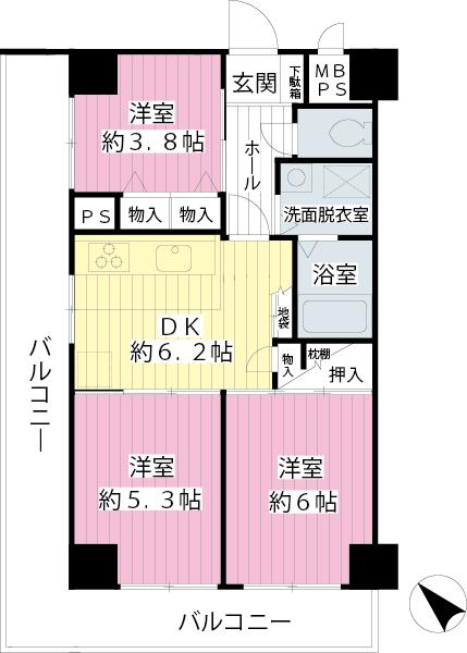 Floor plan. 3DK, Price 18,800,000 yen, Footprint 51.3 sq m , Balcony area 16.54 sq m