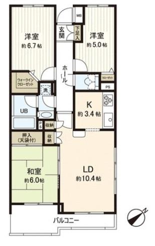 Floor plan. 3LDK, Price 33,990,000 yen, Occupied area 70.52 sq m , Balcony area 8.24 sq m