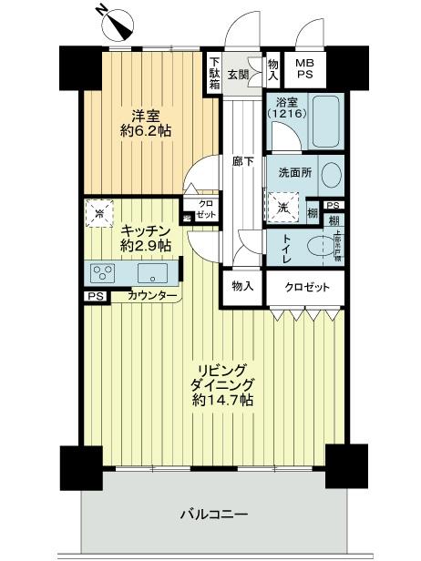 Floor plan. 1LDK, Price 25,800,000 yen, Occupied area 55.21 sq m , Balcony area 9 sq m is a good living dining of per yang