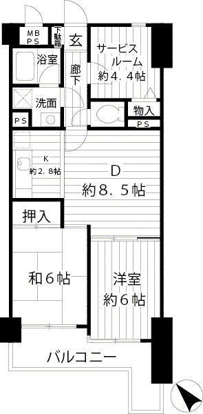 Floor plan. 2DK + S (storeroom), Price 8.9 million yen, Occupied area 59.67 sq m , Balcony area 8.05 sq m