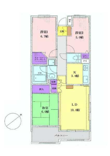 Floor plan. 3LDK, Price 33,990,000 yen, Occupied area 70.52 sq m , Balcony area 8.24 sq m