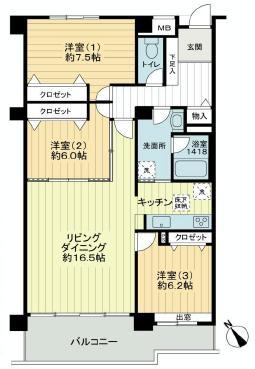 Floor plan. 3LDK, Price 34,800,000 yen, Occupied area 97.03 sq m , Balcony area 14.4 sq m