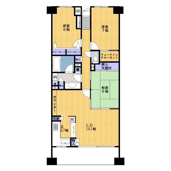 Floor plan. 3LDK, Price 34,800,000 yen, Footprint 84.7 sq m , Balcony area 12.16 sq m spacious 80 sq m more than. Dining and living room is has an easy-to-use floor plan divided