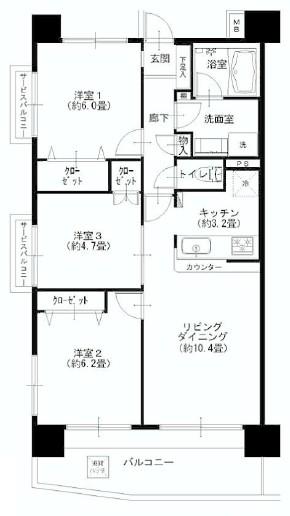 Floor plan. 3LDK, Price 33,900,000 yen, Occupied area 67.41 sq m , Balcony area 11.11 sq m