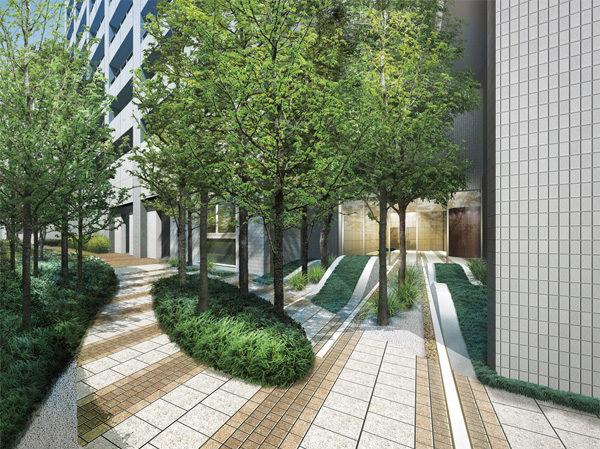 Shared facilities.  [courtyard] Green sparkling in the sun, Under the leaves that fall to the promenade, While wrapped in the comfort, I think the trajectory of the mind quietly Yokohama sophisticated. The courtyard, which is planning to envision such a time. (Rendering ※ Which was raised drawn based on drawing, In fact and it may be slightly different. Planting does not indicate the status of a particular season. Also not grow to completion expected at the time of completion, shape ・ Position, etc., may differ from the actual. )