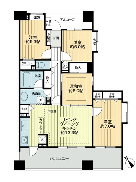 Floor plan. 4LDK, Price 37,300,000 yen, Occupied area 82.29 sq m , Balcony area 14.64 sq m wide span type.