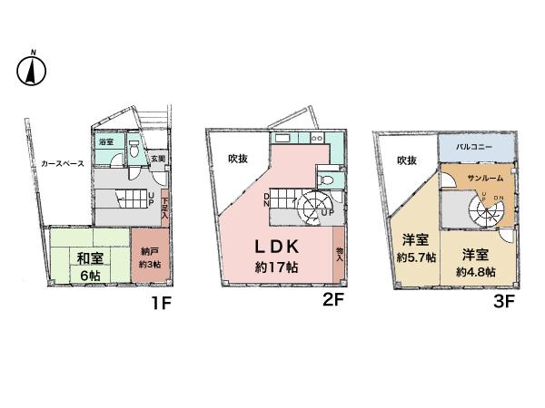Floor plan. 34,800,000 yen, 3LDK + S (storeroom), Land area 59.1 sq m , A house with a building area of ​​91.27 sq m atrium! Stylish spiral staircase! This window is many a bright room. 