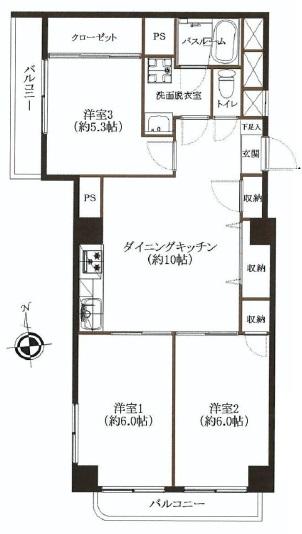 Floor plan. 3DK, Price 20,900,000 yen, Occupied area 59.62 sq m , Balcony area 5.61 sq m