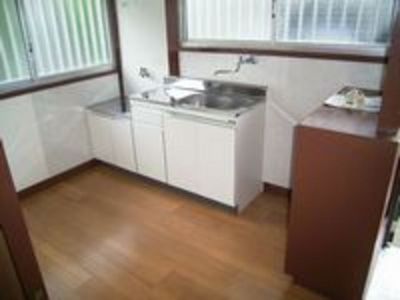 Kitchen. Dishes of wide spread two-burner gas stove can be installed