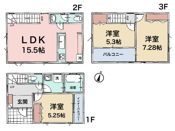 Floor plan. (A Building), Price 37,800,000 yen, 3LDK, Land area 63.82 sq m , Building area 86.05 sq m