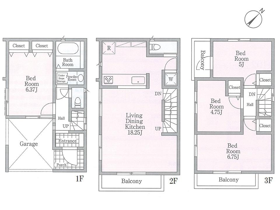 Floor plan. (3 Building), Price 45,800,000 yen, 4LDK, Land area 65.73 sq m , Building area 105.98 sq m