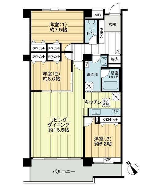 Floor plan. 3LDK, Price 32,800,000 yen, Occupied area 97.03 sq m , 3LDK type of balcony area 14.4 sq m 97 square meters more than