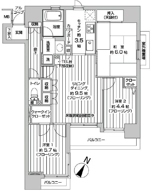 Floor plan. 3LDK, Price 36,800,000 yen, Footprint 65.8 sq m , Balcony area 7.61 sq m