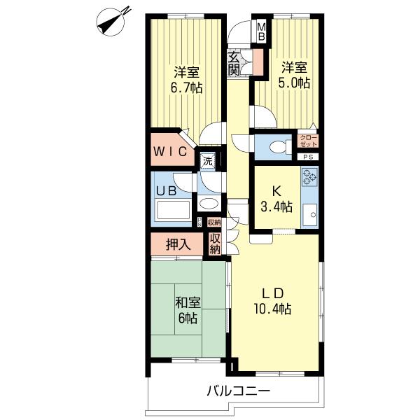 Floor plan. 3LDK, Price 34,900,000 yen, Occupied area 70.52 sq m , Balcony area 8.24 sq m