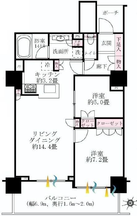 Floor plan. 2LDK, Price 39,800,000 yen, Occupied area 65.65 sq m , Balcony area 12.22 sq m