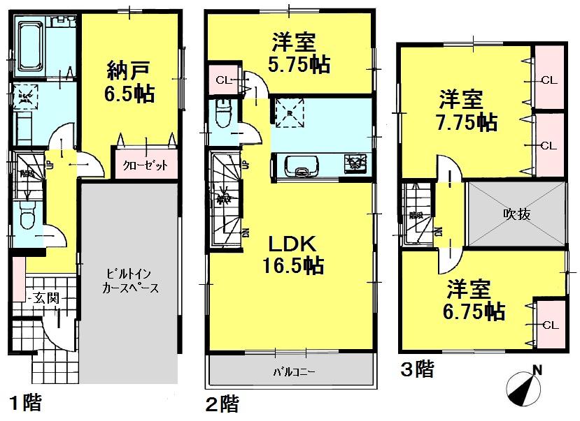 Floor plan. (Building 2), Price 36,800,000 yen, 3LDK+S, Land area 69.32 sq m , Building area 113.4 sq m