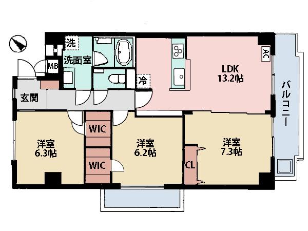 Floor plan. 3LDK, Price 24.4 million yen, Occupied area 74.84 sq m , Day is good on the balcony area 11.02 sq m All rooms 6 quires more.