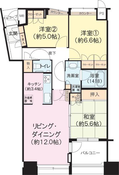 Floor plan. 3LDK, Price 52,800,000 yen, Occupied area 77.51 sq m , Balcony area 6.19 sq m southeast direction, Day ・ View is good room. You can use widely integrated Akehanatsu the sliding door of a Japanese-style room and living room with.