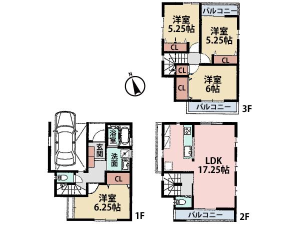 Floor plan. (1 Building), Price 33,800,000 yen, 4LDK, Land area 69.24 sq m , Building area 104.85 sq m