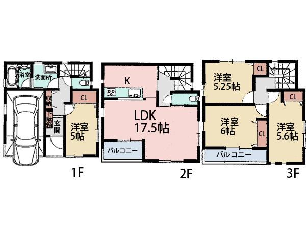 Floor plan. (3 Building), Price 35,800,000 yen, 4LDK, Land area 64.87 sq m , Building area 109.68 sq m