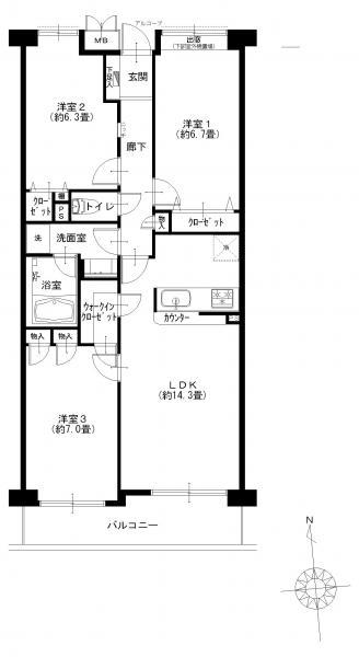 Floor plan. 3LDK, Price 26,900,000 yen, Occupied area 74.34 sq m , Balcony area 8.15 sq m