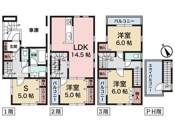 Floor plan. (B Building), Price 31,800,000 yen, 3LDK+S, Land area 67.73 sq m , Building area 113.85 sq m
