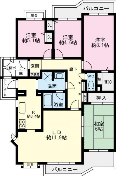 Floor plan. 4LDK, Price 21,800,000 yen, Occupied area 89.79 sq m , Balcony area 12.38 sq m